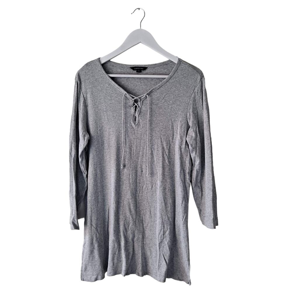 Lands' End Gray Cotton 3/4 Sleeve Lace Up Tunic Tee Top Womens Size Small 6-8